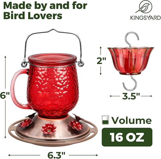 Kingsyard Glass Hummingbird Feeders for Outdoors, 16 Oz Wild Bird Feeder 6 Feeding Ports & Ant Moat Included, Hanging Bird Nectar Feeder Garden Red Décor Gifts for Mom, Red