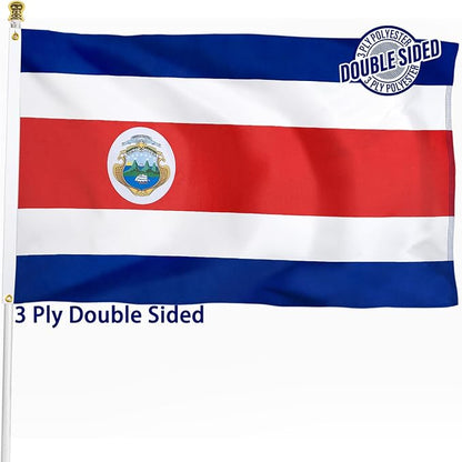 Costa Rica Flag 3x5 ft Outdoor, Double Sided 3 Ply Heavy Duty Costa Rican National Country Flag, 100% Quality Polyester Costa Rica Banner with Brass Grommets 4 Rows Stitches