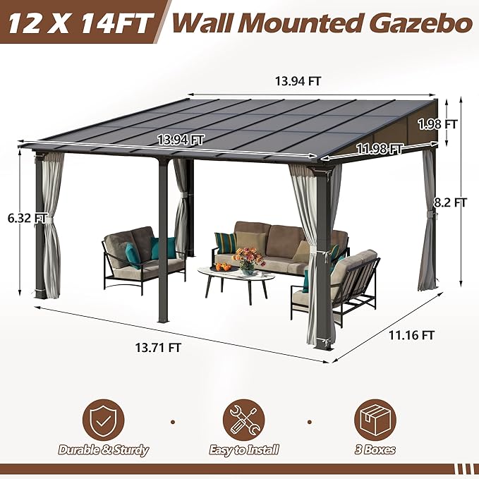 12x14FT Outdoor Wall-Mounted Hardtop Gazebo, Aluminum Frame Lean to Gazebo with Polycarbonate Roof and Curtains for Patio, Garden, Deck