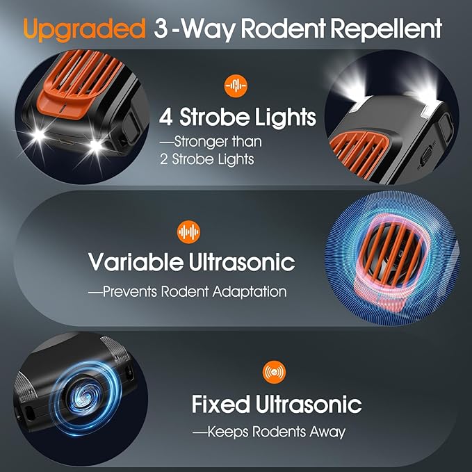 Upgraded 3-in-1 Repellent for Car Engines Rodent, Under Hood Animal Repellent, with Strobe Light, Keep Mice Away, for Car RV Garage Indoor 2 Pack（Black