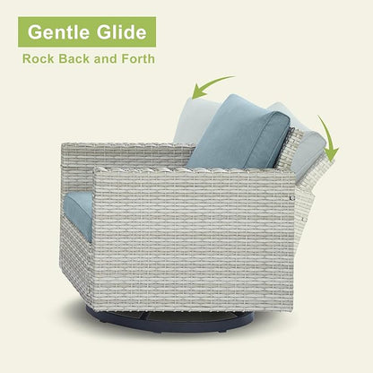 Wicker Outdoor Patio Furniture Set - 6 Piece Patio Conversation Set with 2 Swivel Rocker Chairs,2 Rattan Ottoman,1 Couch and 1 Metal Coffee Table for Outside Porch Deck Backyard(Light Grey/Sky Blue)