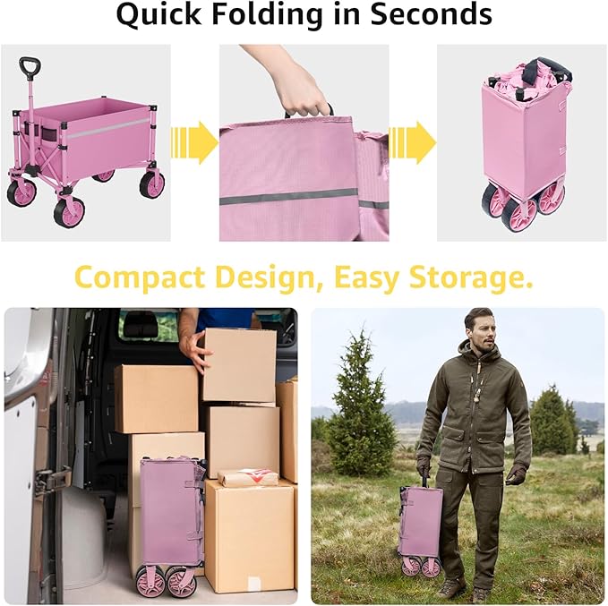 Collapsible Wagon Cart with Wheels Foldable - Folding Utility Heavy Duty Wagons Carts for Grocery Sports Garden Shopping Camping Wheelbarrows (Pink, 90L)