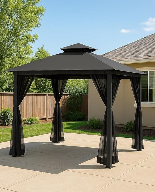 COBIZI Gazebo 10x10 Heavy Duty Gazebos with Improved Nettings Outdoor Gazebo Double Roof Patio Gazebos with Metal Steel Frame Outdoor Canopy for Patio, Deck, Backyard(Black)