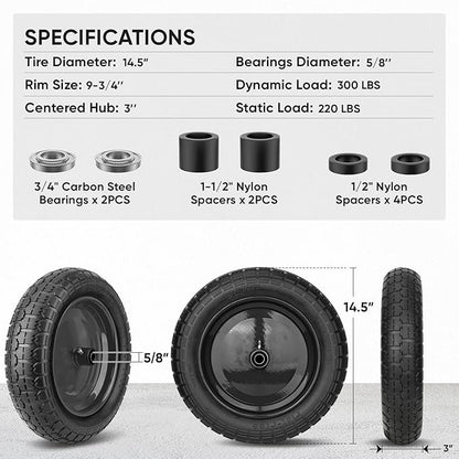 TICONN 4.80/4.00-8 Tire, 14.5" Flat Free Wheelbarrow Tire and Wheel, Solid Replacement Tires, 5/8" 3/4" Bearings, Universal Fit 4.80/4.00-8, 3.50/3.00-8, 4.00-6 (14.5" Black, 4PK)
