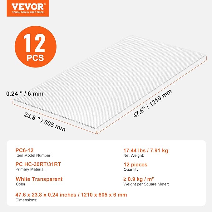 VEVOR 12 Pack Polycarbonate Greenhouse Panels, 2' X 4' X 0.24'' Roof Panels Sheets, Waterproof UV Protected Corrugated Plastic Roofing, Impact Resistance Clear Roofing Sheets for Greenhouse/Garden