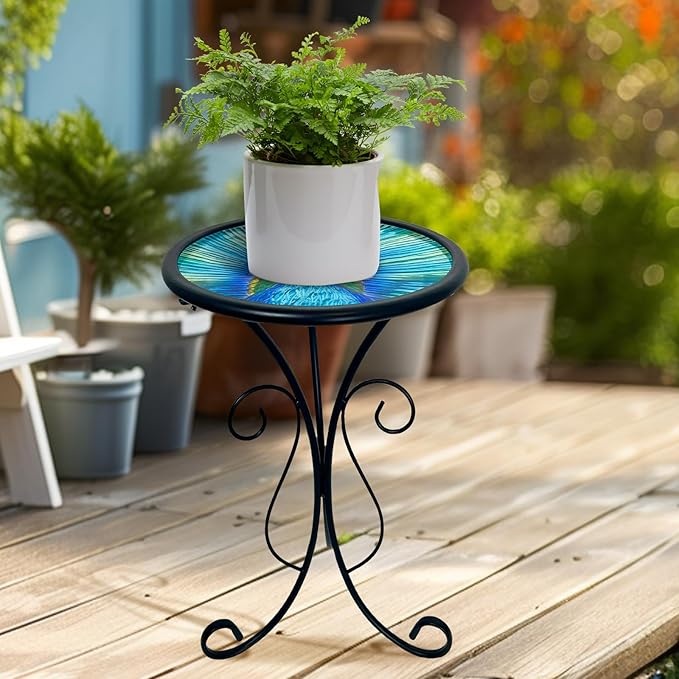 HONGLAND Outdoor Side Table, 12" Round Small Outdoor Glass End Table, Glass Plant Stand, Small Bistro Coffee Table for Garden Patio Porch Living Room （Peacock）