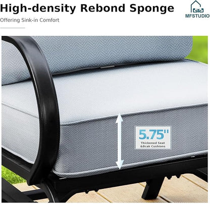 MFSTUDIO 5 Pieces Patio Conversation Sets, Outdoor Metal Furniture Sofas with 1 x 3-Seat Sofa, 2 x Rocking Chairs, 2 x Ottoman, Durable Steel Frame with Grey Cushion for Patio Balcony