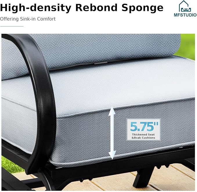 MFSTUDIO 4 Piece Patio Conversation Sets, All Weather Metal Frame Outdoor Furniture Set Patio Sofas with 1 x 45 Rectangular Fire Pit Table, 1 x 3-Seat Sofa, 2 x Rocking Chairs, Grey Cushion
