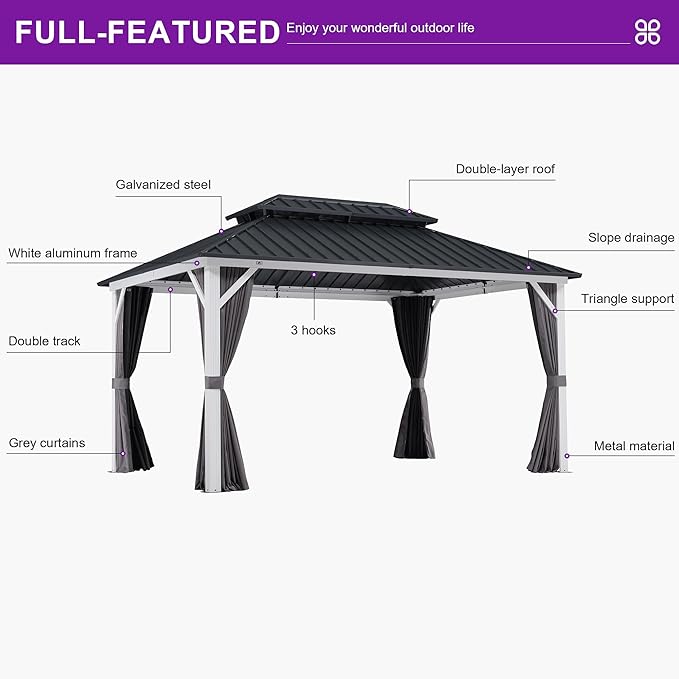 PURPLE LEAF 10' X 14' Outdoor Gazebo Hardtop Metal Roof White Aluminum Frame Heavy Duty Gazebos with Curtain and Netting for Patio, Garden and Backyard, Grey