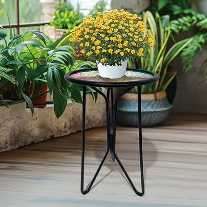 HONGLAND Outdoor Side Table, Small Mosaic Patio Table, 12" Round Metal Side Table End Table, Glass Plant Stand, Small Bistro Coffee Table Plant Stand for Garden Yard Porch Living Room（Hummingbird）