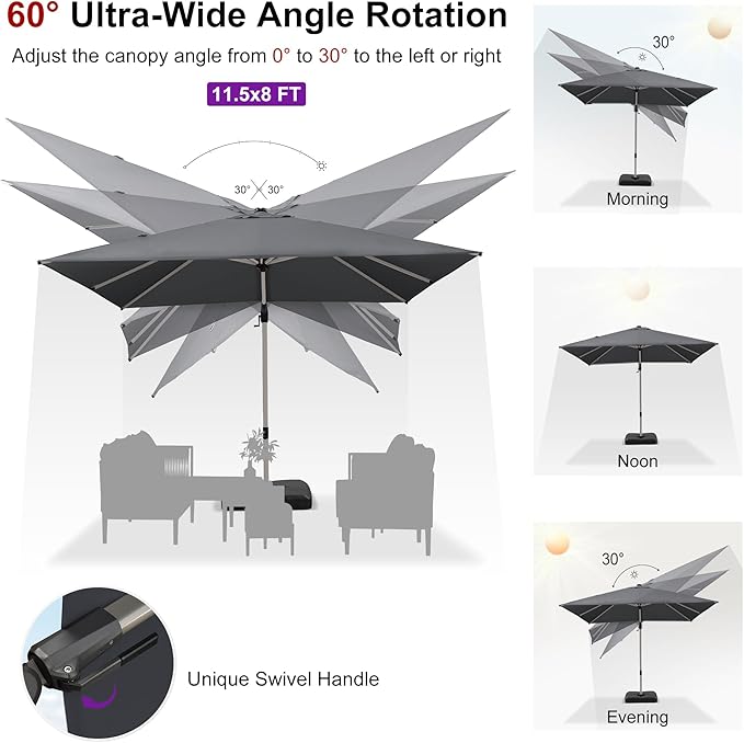 PURPLE LEAF 11.5' X 8' Left-right Tilting Patio Umbrella Outdoor Swivel Cantilever Umbrella Aluminum Offset Umbrella with Champagne Frame and 360-degree Rotation for Garden Deck Pool, Grey