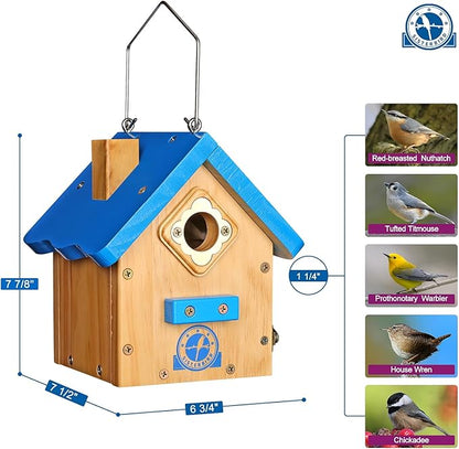 Wren Bird House for Outside, Premium Wooden Wren Bird Houses, Hanging Chickadee Bird House, Weatherproof Garden Decor Birdhouses for Outdoors, Blue Color Roof Bird Nesting Titmouse