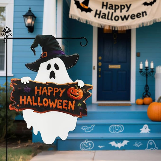 Halloween Ghost Garden Flags 12x18 Inch Double Sided, Happy Halloween Welcome Small Yard Flags for Outside, Farmhouse Front Porch Outdoor Fall Decor Holiday All Seasons Decoration