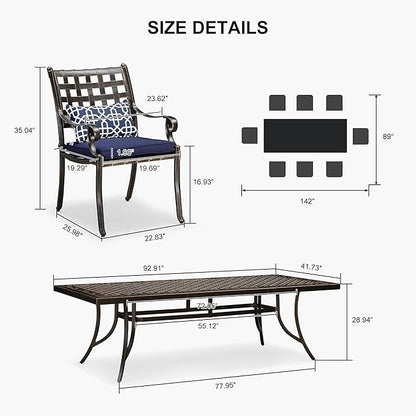 PURPLE LEAF 9 Pieces Patio Dining Sets Cast Aluminum Furniture with Rectangular Table for Lawn Garden Backyard Deck Outdoor Dining Sets with Cushions and Pillows, Lattice Navy Blue