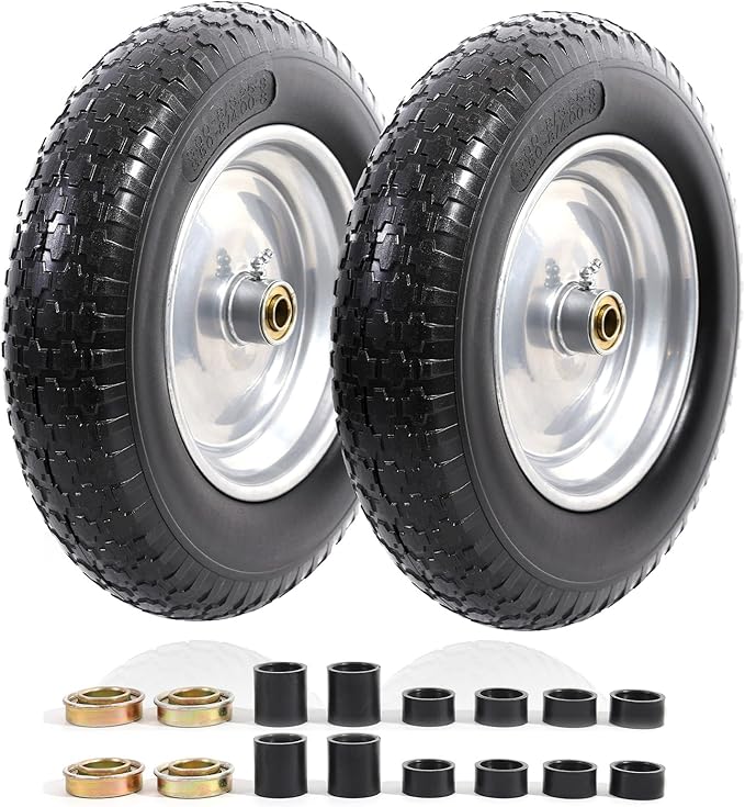 MZREXN 14.5" Wheelbarrow Tire Flat-Free 3.00/3.25/3.50/4.00-8" Solid Tire and Wheel with 3"-7" Centered Hub, 3/4" & 5/8" Bearings Replacement for Hand Truck/Dolly/Utility Cart/Garden Cart 2PCS Silver