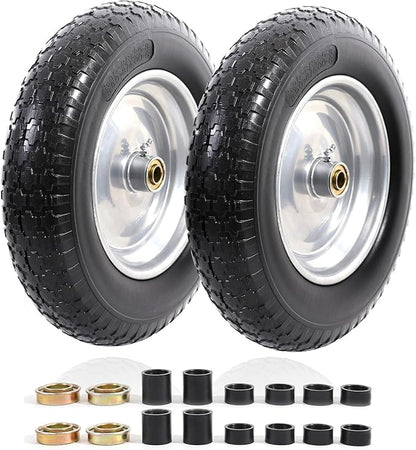 MZREXN 14.5" Wheelbarrow Tire Flat-Free 3.00/3.25/3.50/4.00-8" Solid Tire and Wheel with 3"-7" Centered Hub, 3/4" & 5/8" Bearings Replacement for Hand Truck/Dolly/Utility Cart/Garden Cart 2PCS Silver