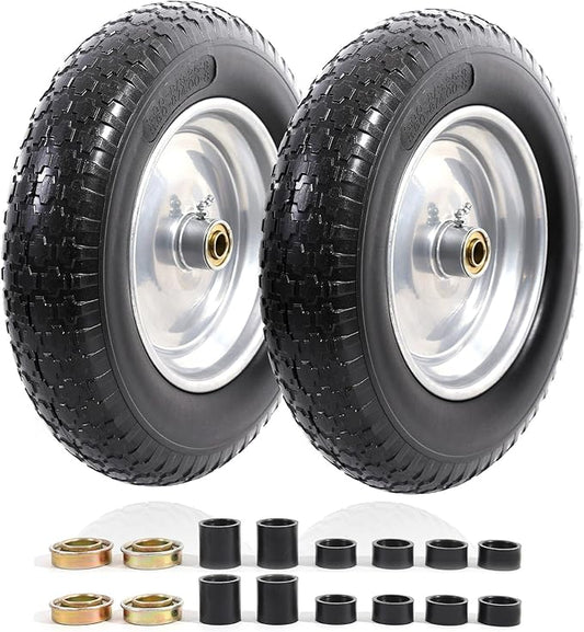 MZREXN 14.5" Wheelbarrow Tire Flat-Free 3.00/3.25/3.50/4.00-8" Solid Tire and Wheel with 3"-7" Centered Hub, 3/4" & 5/8" Bearings Replacement for Hand Truck/Dolly/Utility Cart/Garden Cart 2PCS Silver