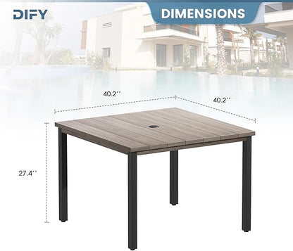 DIFY 40.2" Square Patio Dining Table for 4, Outdoor Metal Dining Table with 1.57" Umbrella Hole for Backyard Lawn Garden, Grey Wood-Like