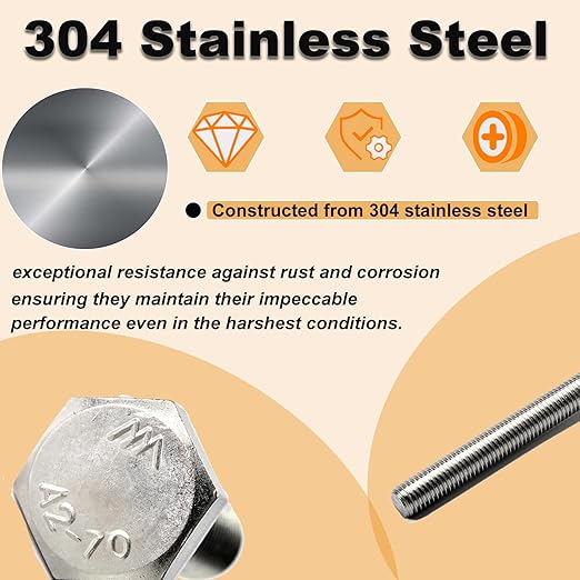 M10 Hex Bolts and Nuts Set, M10x60mm Fully Thread Bolt, M10-1.25mm Hexagon Nut with Flat Washers, Spring Washers 304 Stainless Steel Fastener Set for Caster Wheels Assembly 4 Sets
