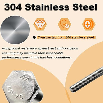 M10 Hex Bolts and Nuts Set, M10x60mm Fully Thread Bolt, M10-1.25mm Hexagon Nut with Flat Washers, Spring Washers 304 Stainless Steel Fastener Set for Caster Wheels Assembly 4 Sets