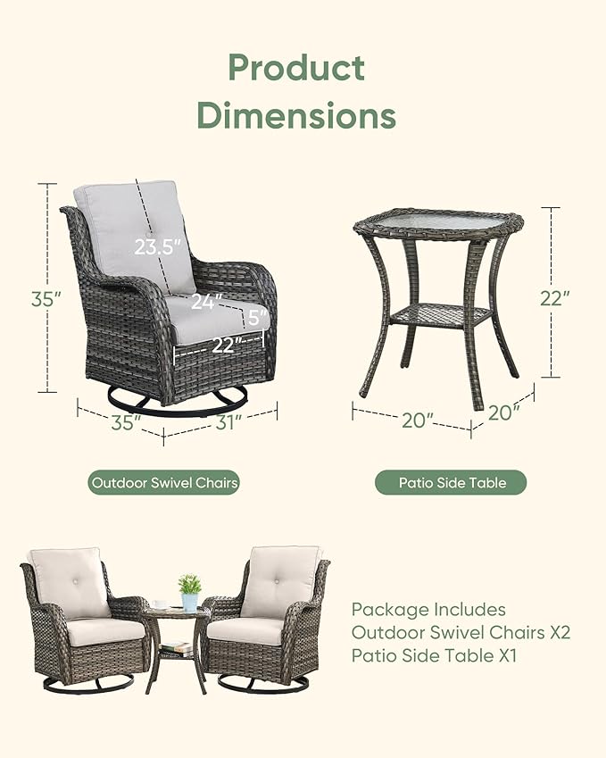 HUMMUH 3-Piece Swivel Rocking Rattan Chair Outdoor, Patio Bistro Furniture Conversation Set, Cushioned Wicker Chair with Glass Side Table(Grey, Beige)
