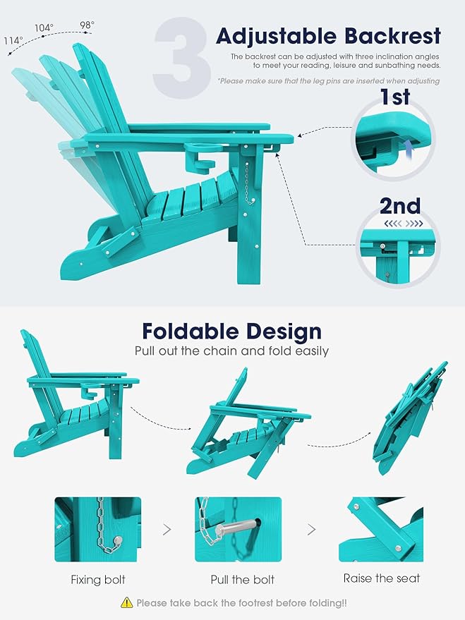 KINGYES Folding Adjustable Adirondack Chair with Retractable Ottoman Set of 4, Aruba