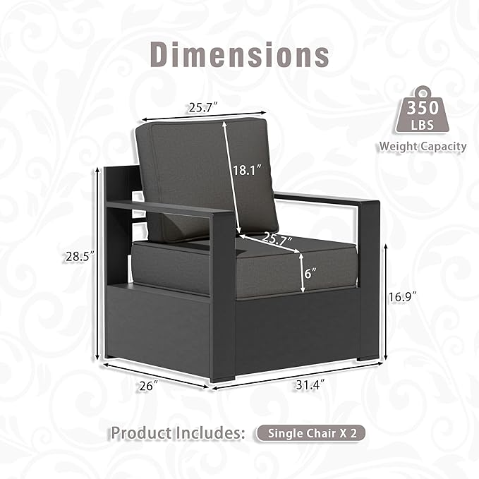 Aluminum Patio Chair - Outdoor Chair with 6" Thick Water-insistant Cushions, All-Weather Use Frame, Removable Cover, Ideal for Garden, Poolside (Grey)