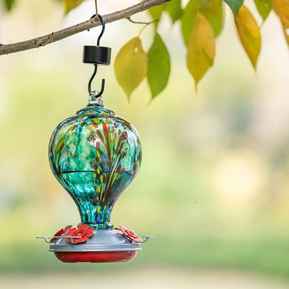2 Packs Hummingbird Feeder for Outdoors Hanging, 34OZ & 32OZ Hand Blown Glass Hummingbird Feeders for Outside, Red & Teal