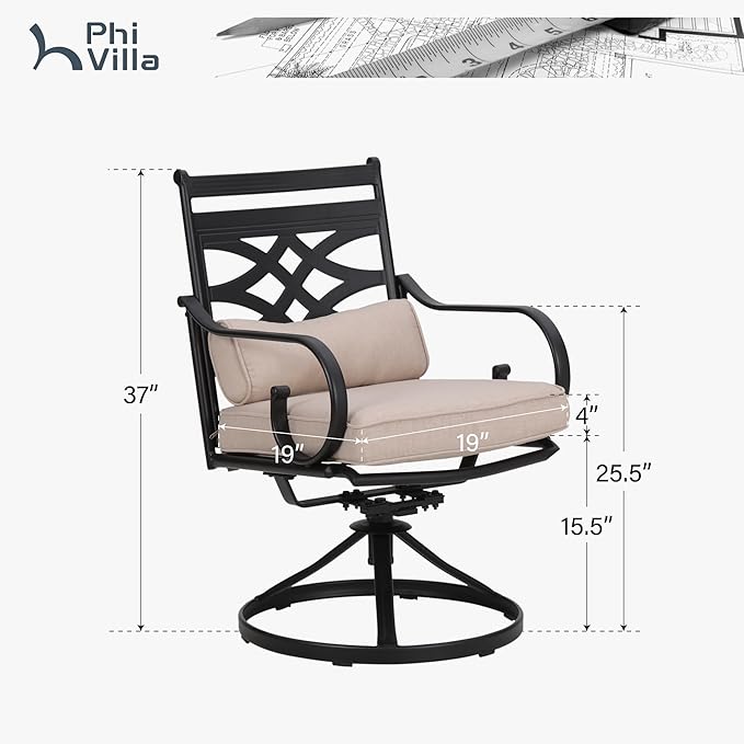 PHI VILLA Patio Dining Chairs Set of 2, Outdoor Swivel Chairs with Cushion and Pillow for Garden Lawn and Deck