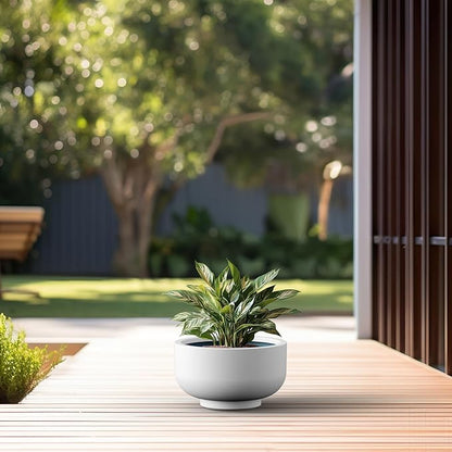 Kante 13.8 Inch Dia Concrete Bowl Planter, Large Tapered Bottom Plant Pot with Drainage, Smooth White Finish with Aqua Blue Interior, Ideal for Porch, Home, Garden, Patio