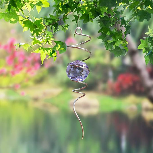 Wind Spinner Spiral Tail, Gazing Ball Spiral, Decorative Sun Catcher Rainbow Maker 11inch Tail and 2 inch Purple Crystal Orb with Swivel Hook, Indoor & Outdoor Garden Decoration 13" Height