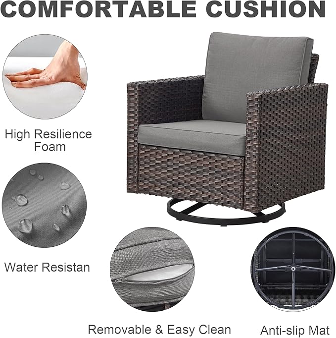 Luxury Outdoor Swivel Rocker Patio Chairs Set of 2, Swivel Patio Chairs for Porch, Yard, Deck, Poolside, Brown/Grey
