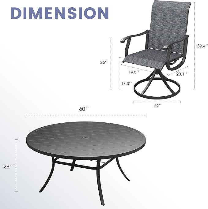 VICLLAX 9 Pieces Outdoor Dining Set, Patio Furniture Set of 8 Patio Swivel Dining Chairs and 60" Patio Round Table, Dark Charcoal Chairs & Black Tabletop