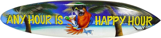 "ANY HOUR IS HAPPY HOUR" Beach Parrot Happy Hour Hard Wood Handmade AIRBRUSHED ART Corona Beer Palm Tree 39" Surfboard Sign Wall Plaque Art