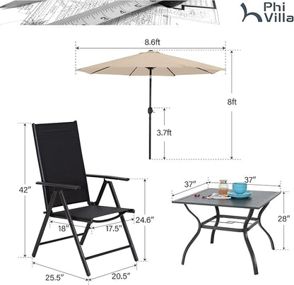 PHI VILLA Outdoor Patio Dining Set for 4 with 9 FT Patio Umbrella, Patio Table and Chairs Set with Adjustable Patio Folding Chairs & Outdoor Dining Table, Beige Umbrella (No Base)