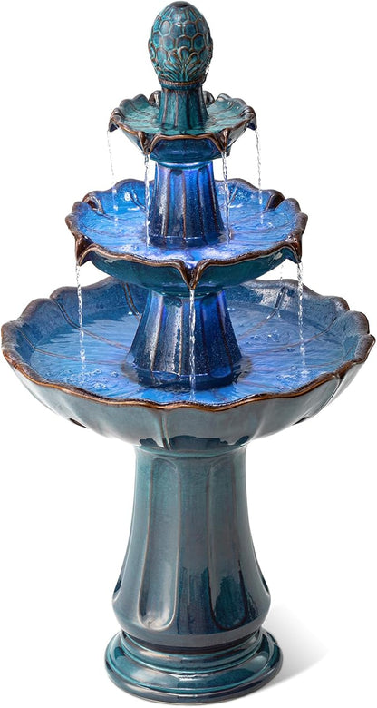 Glitzhome Outdoor Fountain and Waterfalls 3 Tier Patio Fountains, 45" H Turquoise Ceramic Water Fountain with LED Light, Pump & Adapter Garden Outdoor Floor Stand Fountains for Backyard Deck Lawn