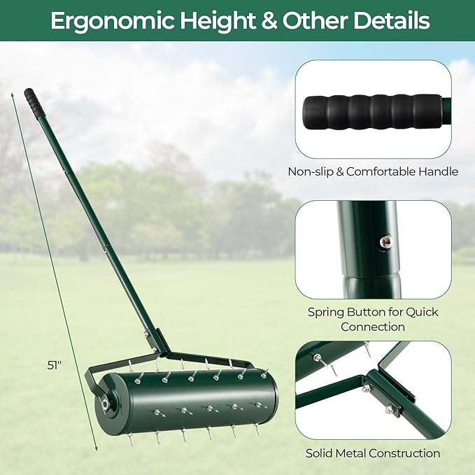 S AFSTAR 21" Manual Lawn Aerator, Heavy Duty Rolling Aerator Lawn Tool Filled Sand Stone with 51" Detachable Handle & Tine Spikes for Soil Loosening, Push Grass Aeration for Garden Yard