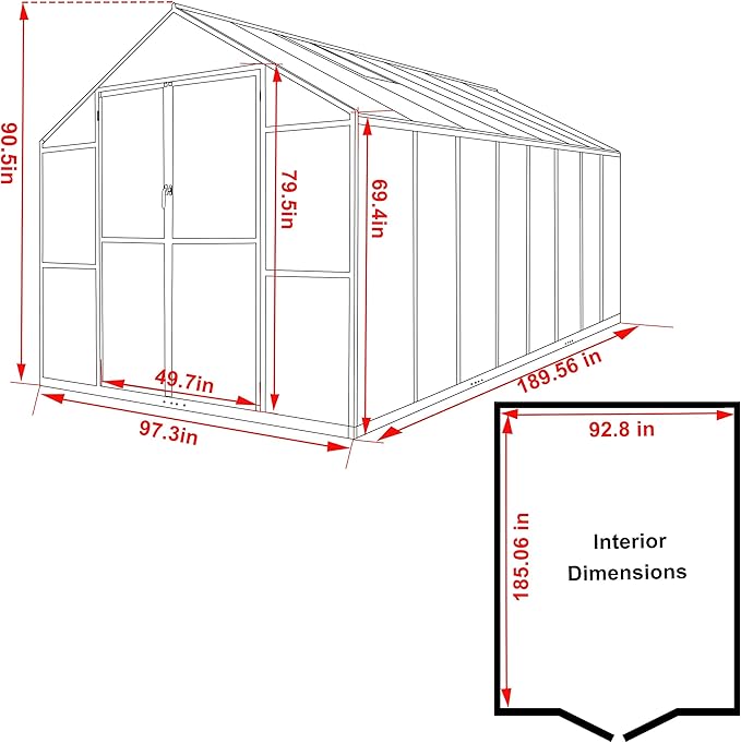 BlueWish 8x16 FT Greenhouses for Outdoors, Greenhouse with Rivet Structure, Adjustable Vents, Aluminum Greenhouse Kit with 4MM Polycarbonate Panel, Walk-in Green House for Garden, Gray