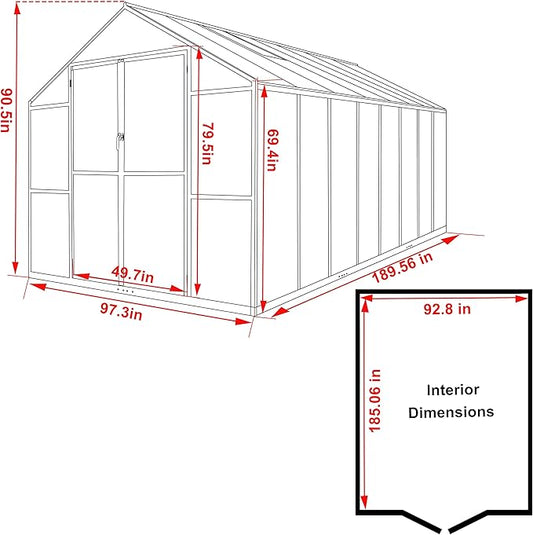BlueWish 8x16 FT Greenhouses for Outdoors, Greenhouse with Rivet Structure, Adjustable Vents, Aluminum Greenhouse Kit with 4MM Polycarbonate Panel, Walk-in Green House for Garden, Gray