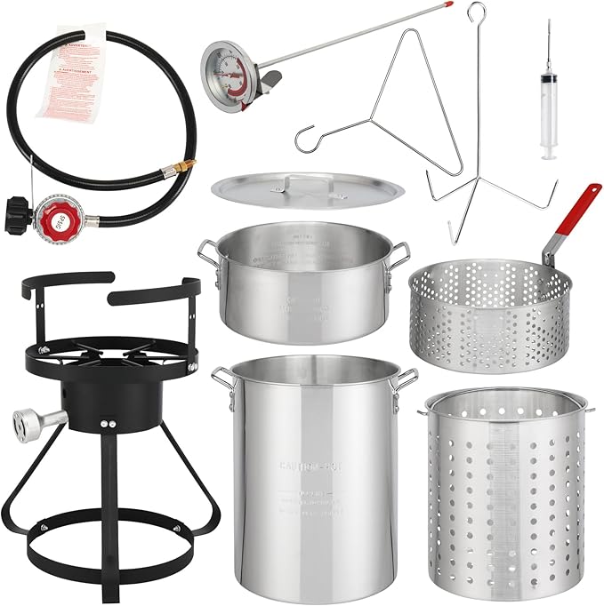 30QT Turkey Fryer & 10QT Fish Fryer, Outdoor Turkey Deep Fryer Pot Set Seafood Boiler Kit,4-Pcs Cooker Set, Gas Fryer Boiler Steamer with 54,000 BTU Burner,Turkey Rack for Backyard & Outdoor Cooking