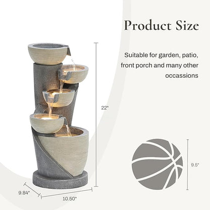 LuxenHome 22" Small Water Fountain Outdoor, Modern Resin Cascading Waterfall Fountains, Garden Fountain with Lights Garden Decor, Outdoor Water Fountains for Patio, Yard