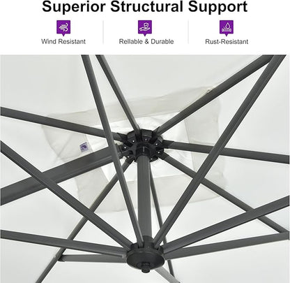 PURPLE LEAF 10 Feet Patio Umbrella with Base Outdoor Cantilever Round Umbrella Aluminum Offset Umbrella with 360-degree Rotation for Garden Deck Pool Patio Light White