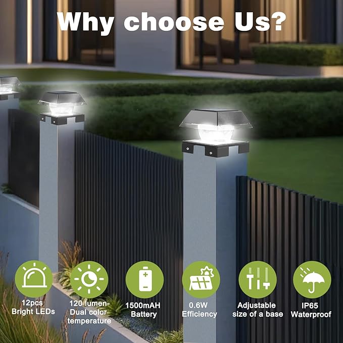 INDARUN 4x4 Post Solar Lights, Fence Deck Post Solar Outdoor Lights Fit 4x4 5x5 6x6 Wood Posts/4x4 Vinyl Posts Caps, Cold White & Warm White, 120 Lumen, for Patio Porch Garden Landscape Lighting