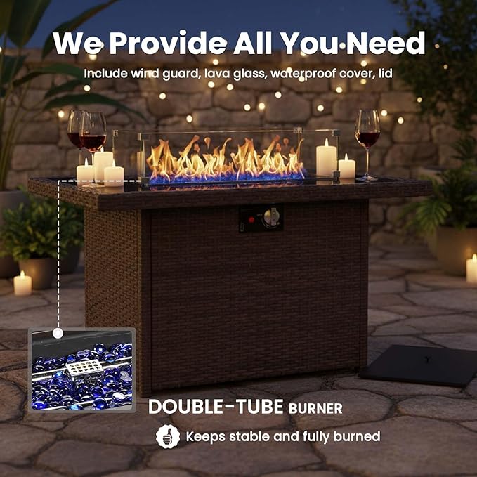 7 Pieces Patio Furniture Sets with Fire Pit Table, Wicker Rattan High Back Outdoor Armchairs Set with 3-Seat Couch, Ottomans and Side Table