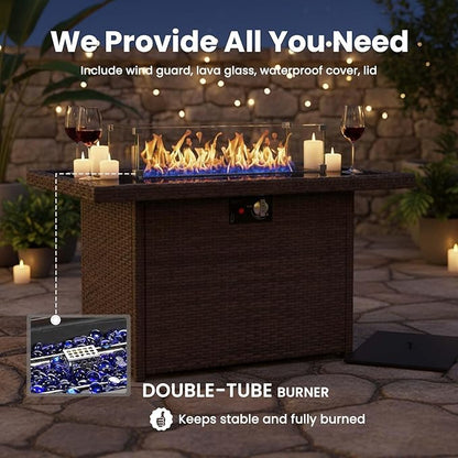 7 Pieces Patio Furniture Sets with Fire Pit Table, Wicker Rattan High Back Outdoor Swivel Rocking Chairs Set with 3-Seat Couch, Ottomans and Side Table