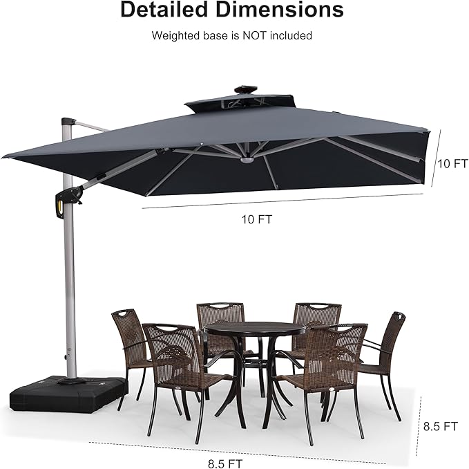 PURPLE LEAF 10 Feet Double Top Deluxe Solar Powered LED Square Patio Umbrella Offset Hanging Umbrella Outdoor Market Umbrella Garden Umbrella, Grey