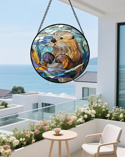 Stained Glass Suncatcher, Blue Ocean Cute Sea Otter Sun Catcher Stain Glass Window Hanging Decoration Mother's Day Birthday Gifts for Women Men Mom Nana 9.8 in