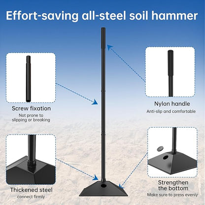 New multi purpose steel tamper with water-filled weighting and rubberized handle, 10x10in-57in, 3-section handle for compacting soil gravel asphalt and driveways, garden and landscaping tools