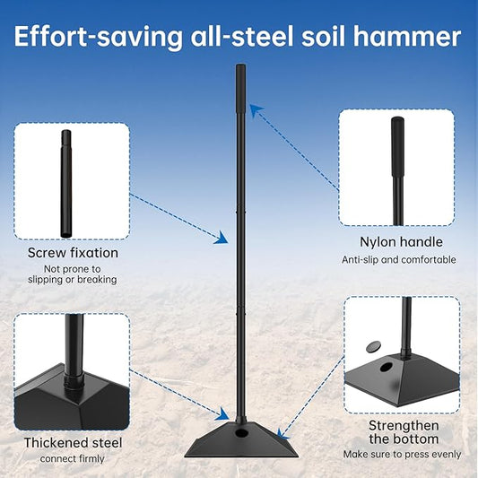 New multi purpose steel tamper with water-filled weighting and rubberized handle, 10x10in-57in, 3-section handle for compacting soil gravel asphalt and driveways, garden and landscaping tools