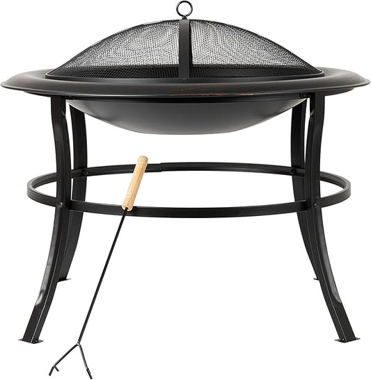 Fire Sense 62237 Fire Pit Tokia Steel Wood Burning Lightweight Portable Outdoor Firepit Rounded Lip & Curved Legs Included Wood Grate & Screen Lift Tool - 30" Round - Black